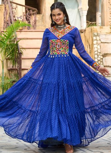 Gamthi Work Laheriya Printed Georgette Royal Blue Anarkali Style Gown